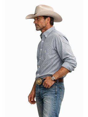 Ariat Mens Long Sleeve Button-Up Western Shirt Blue Geometric Print XXL Cotton